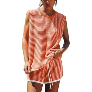 EXLURA Women's Sleeveless Sweater Set 2 Piece Outfits Striped Crewneck Knit Tank Tops and Shorts Summer Sporty Lounge Sets 2XL