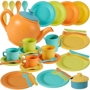 Buyger Kids Kitchen Accessories and Tea Set for Toddlers 3-5, Play Kitchen Toy Dish Plates Utensils Dinnerware Set Pretend Role Play Gifts for Ages 3 4 5 Years Olds Children Boys Girls