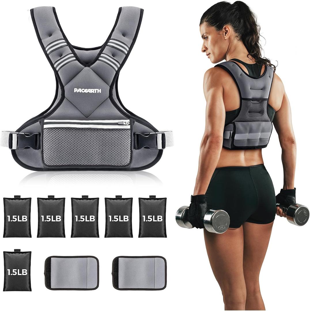 Adjustable Weighted Vest PACEARTH Ironsand Weight Vest with Six 1.5-lb Adjustable Weights, 11-20 lbs Total, Big Zipper Pouch, Home Workout Weight Vest for Men and Women in Cardio and Strength Training