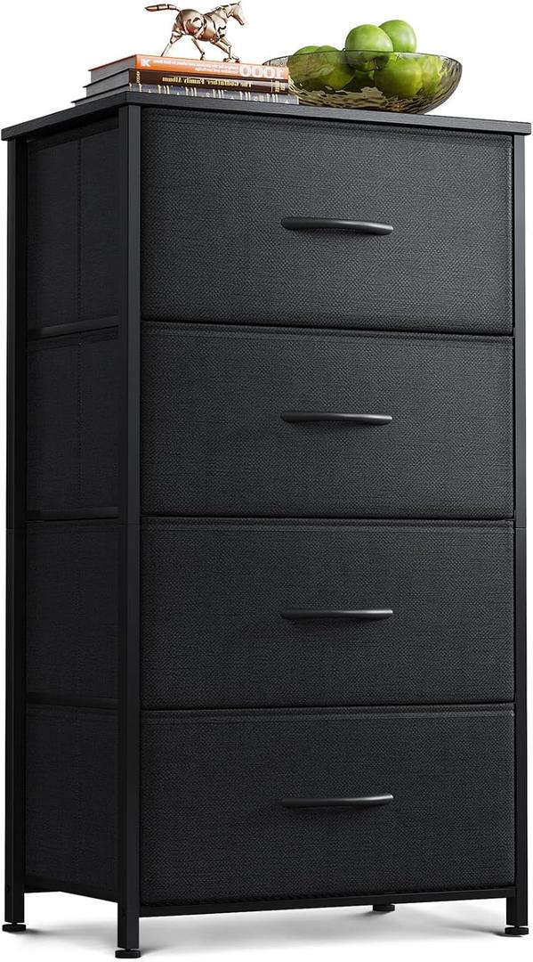 AODK Dresser for Bedroom with 4 Storage Drawers, Small Dressers Chest of Drawers Fabric Dresser with Sturdy Steel Frame, Black (11.73"D x 15.74"W x 31.77"H)