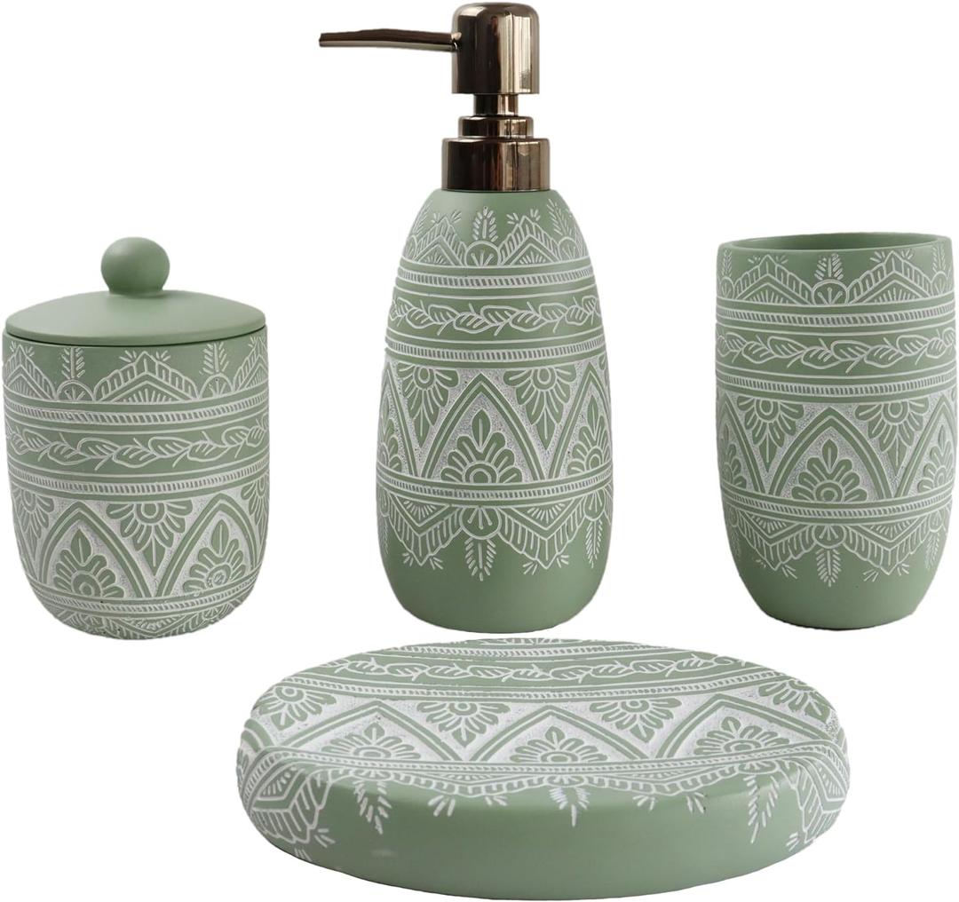 Hymmah Green Bathroom Accessories Set,Farmhouse Bathroom Decor,4 Pcs Resin Gift Set Apartment Necessities, Contain Cotton Swab Jar,Soap Dispenser,TumblerSoap Dish/Tray