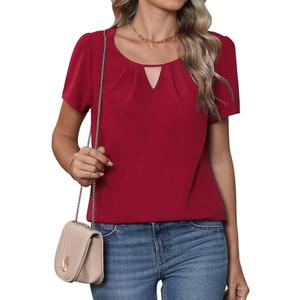 CZYINXIAN Womens Summer Casual Short Sleeve Blouse Dressy Round Neck Business Chiffon Tops Shirt(B Red, Medium)