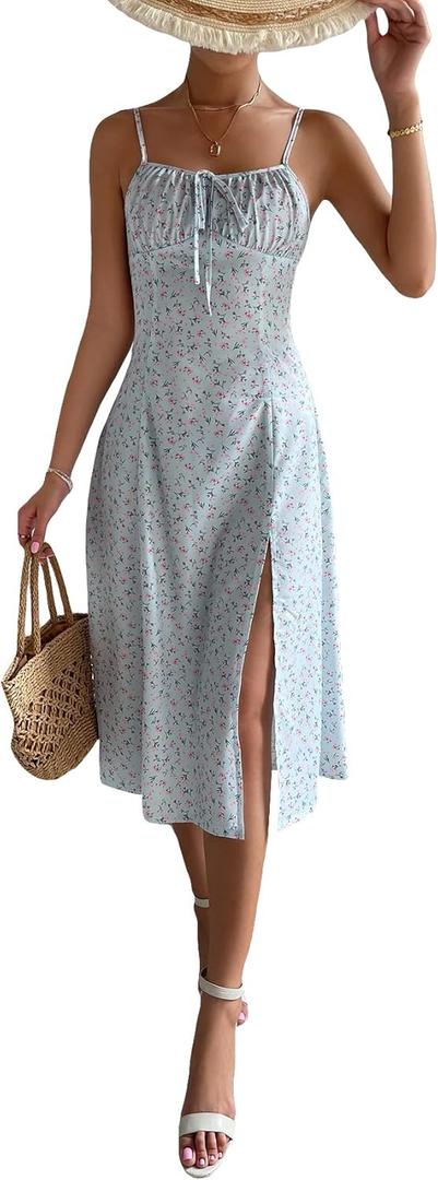 Floerns Women's Floral Print Self Tie Front Ruched Bust Split Thigh Midi Dress Blue Floral Large