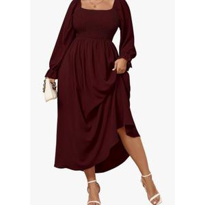 Women's Plus Size Maxi Dress Long Sleeve Square Neck Smocked Flowy A-Line Boho Wedding Party Maxi Dress 3XL