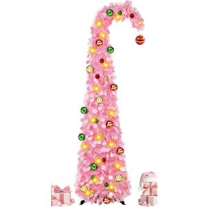 MACTING Whimsical Christmas Tree with Ball String Lights 5FT Pink Pop Up Curved Tree with 15 Ball Lights & Hanging Ornaments Collapsible Tinsel Tree for Apartment Porch Indoor Outdoor Xmas Decor
