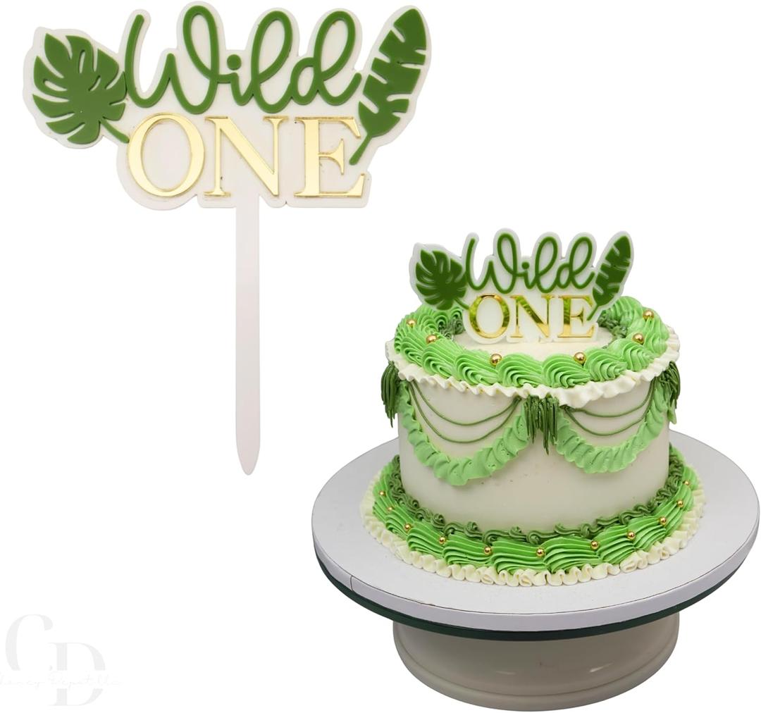 Wild One Acrylic Cake Topper, Double Layer Design with Tropical Leaves, White and Green with Gold Letters, 6.2 x 5.5 Inch