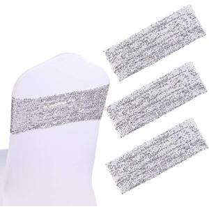 Sequin Spandex Chair Sash 50 Pcs Silver Sequin Sashes Chairs Silver Stretch Spandex Bands Sparkling Chair Cover Decorations for Wedding Banquet Party Festival Shining (5.9"X13.78")