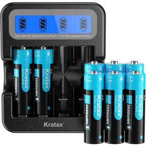 Kratax 1.5V AA Rechargeable Battery with LCD Charger Black, 3500mWh with 1600 Charge Cycles Compatible with Xbox Blink Camera Controllers 8 Pack