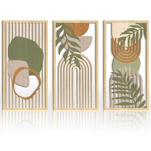IARTTOP Large Sage Green Abstract Boho Wall Art Set Of 3 Geometric Wood Wall Art Mid Century Modern Artwork Neutral Bohemian Wall Decor for Living Room Bedroom Office-16 x 32 Inch