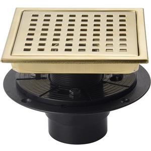 6 Inch Shower Drain Brushed Gold with Adjustable Shower Drain Base Flange SUS304 Stainless Steel Floor Drain Cover Removable Mesh Grille