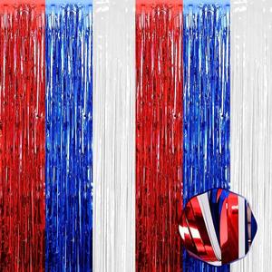 6 Pack White Blue Red Foil Fringe Curtain Backdrop, 3.28Ft x 8.2Ft Metallic Tinsel Foil Fringe Streamer Curtains for Photo Booth, Halloween, Christmas Day, Wedding, New Year Party Decoration