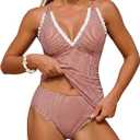 ZAFUL Womens Tankini Swimsuits Smocked 2 Piece Bathing Suits Modest Tie Back Swimwear, Medium