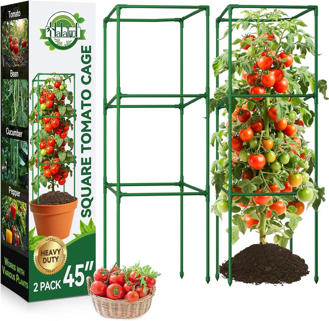Halatool 2 Pack 45in Tomato Cages for Garden, Heavy Duty Adjustable Square Tomato Trellis for Climbing Plants Green Plant Support Stakes for Vegetables Flowers Fruits & Raised Bed Outdoor