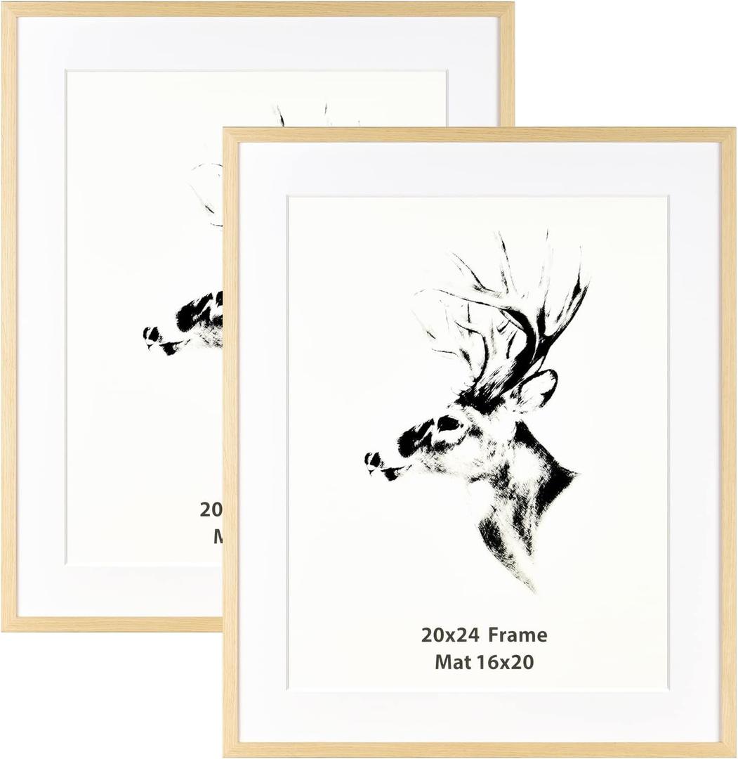Yaetm 20x24 Picture Frame Matted to 16x20 Set of 2, Natural Solid Oak Wood Frame for Pictures, Posters & Art Prints, Horizontal and Vertical Wall Mount (2 pack, Oak)