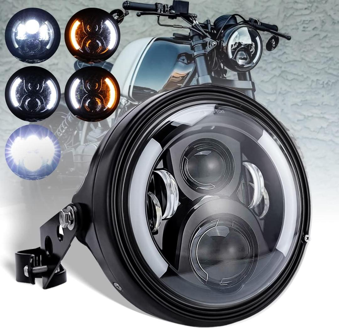 7 Inch LED Motorcycle Headlight Round with Housing Bucket Turn Signal DRL Hi/Low Beam Headlight for Harley Honda Suzuki Yamaha Kawasaki Cafe Racer Chopper Bobber Motorcycle