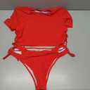 Lilosy Drawstring Bikini Set Srting Swimsuit Short Sleeve Top and Tie Side Bottom 2 Piece (Red, M)