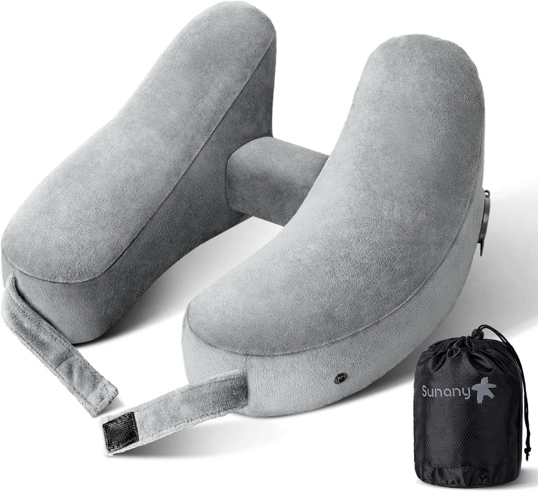Sunany Travel Neck Pillow for Airplane Pillow Comfortably Supports Head, Neck and Chin, Inflatable Travel Pillow with Soft Velour Cover and Portable Drawstring Bag (Grey, H-Shape)
