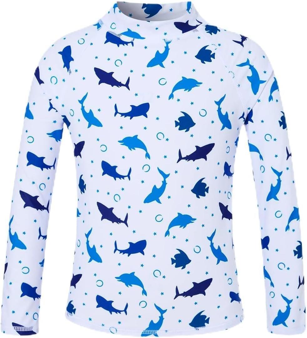 UNIFACO UPF 50+ Little Boys Long Sleeve Rash Guard Swim Shirt Premium Sun Shirt for 9-10 Yrs Old, A-white Blue Ocean Creatures