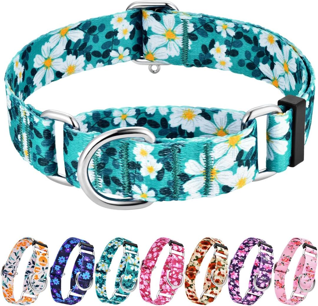 Hikiko Martingale Collar for Dogs with No Buckle Floral Daisy Dog Collars Soft Nylon No Pull Dog Collar for Large Dogs,Green Flower,L