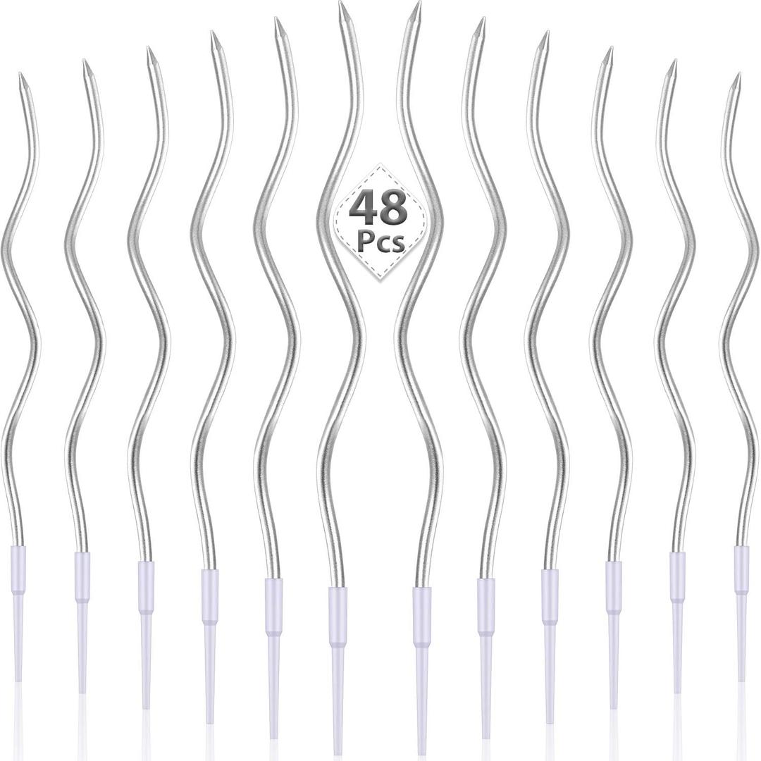 48 Pieces Twisty Birthday Spiral Cake Candles with Holders Long Thin Curly Coil Metallic Cake Cupcake Candles for Birthday Wedding Party Decoration(Metallic Silver)