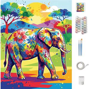 Paint by Numbers for Adults - Vibrant Pop Art Animals - Colorful DIY Acrylic Painting Kits - Psychedelic Lion, Hipster Cat, Boho Elephant & Sea Turtle - Modern Abstract Wall Decor - 16"x20" (Elephant)
