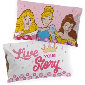 Jay Franco Disney Princess Live Your Story Glow in The Dark 2 Pack Reversible Pillowcases Features Princess Aurora, Belle, & Cinderella - Double-Sided Kids Super Soft Bedding