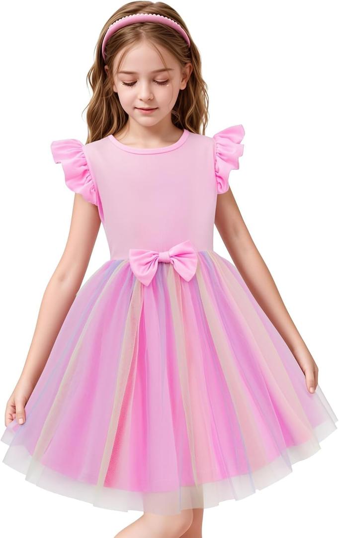 LQSZ Toddler Girls Tutu Dresses Flutter Sleeve Fluffy Party Tulle Dress for Girls 3-12 Years (Pink)