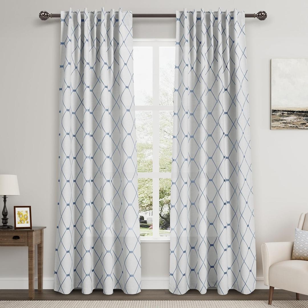 Nanspring Blue Geometric Pattern White Curtains 84 Inch Length 2 Panels Set for Living Room Back Tab and Rod Pocket 50% Blackout Elegant Modern Farmhouse Decor Curtain for Bedroom Dinner Room 52x84