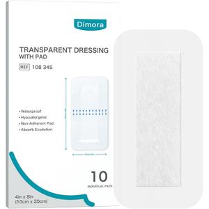 Dimora Waterproof Transparent Film Dressing with Pad, Large Clear Bandage Tape for Wound Care, Adhesive Post Surgical Cover Padfor IV Shield, Tattoo Aftercare, Shower Protector 4x8 inch 10 Packs