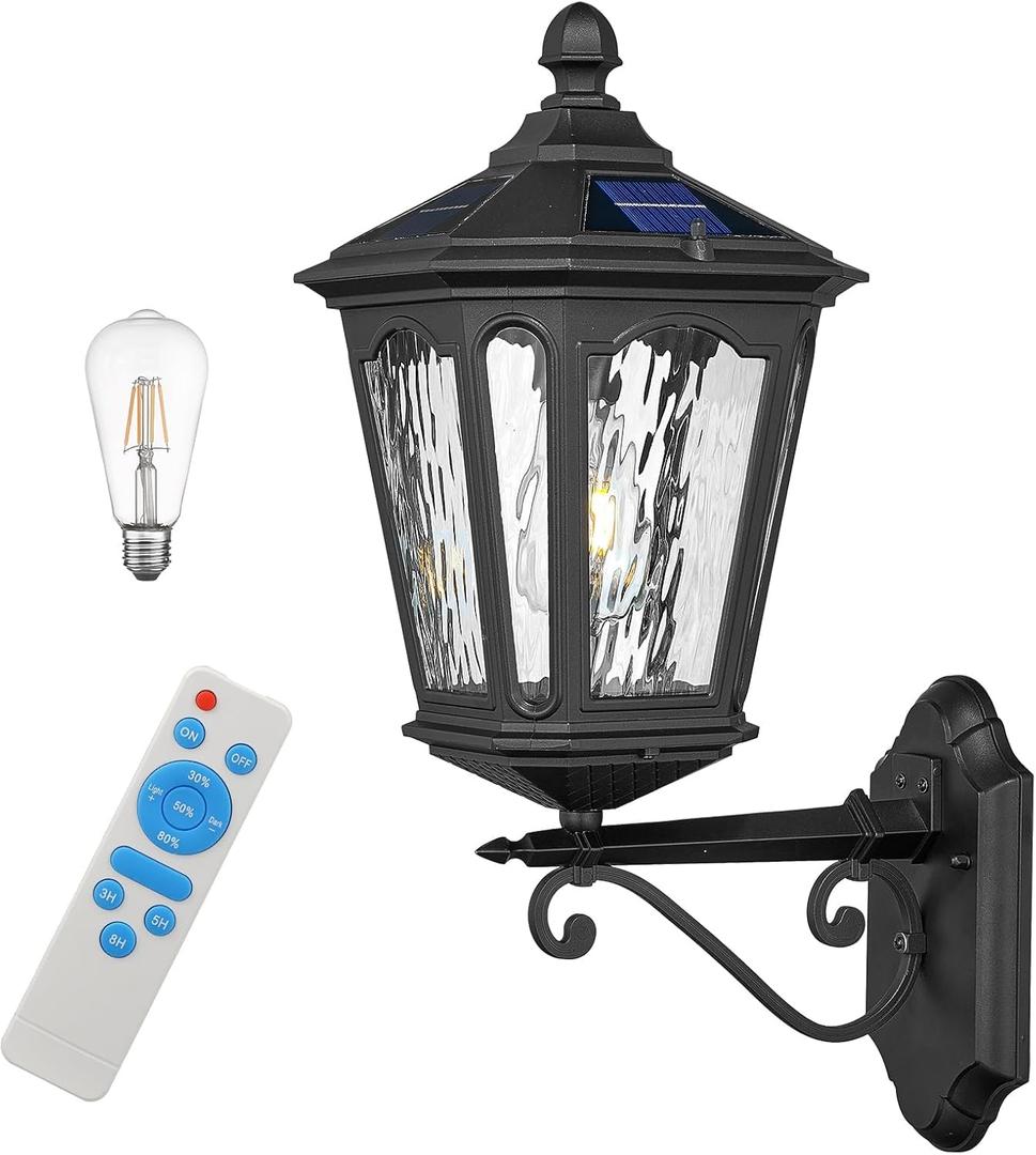 Solar LED Wall Light Outdoor with Remote Control, 22'' Front Door Sconce Dusk to Dawn 3 Lighting Modes Solar Exterior Wall Lantern Outside Lights for Patio Doorway Porch Walkway, Black, Medium