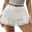 SHENHE Women's Y2k Lace Layered Mini Skirt Ruched A Line Cute Tiered Ruffle Skirt (Medium, White)