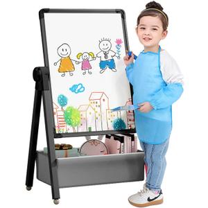 Art Easel for Kids, Double Sided Kids Easel Drawing Board, Whiteboard & Blackboard, 360Rotating Adjustable(Black)
