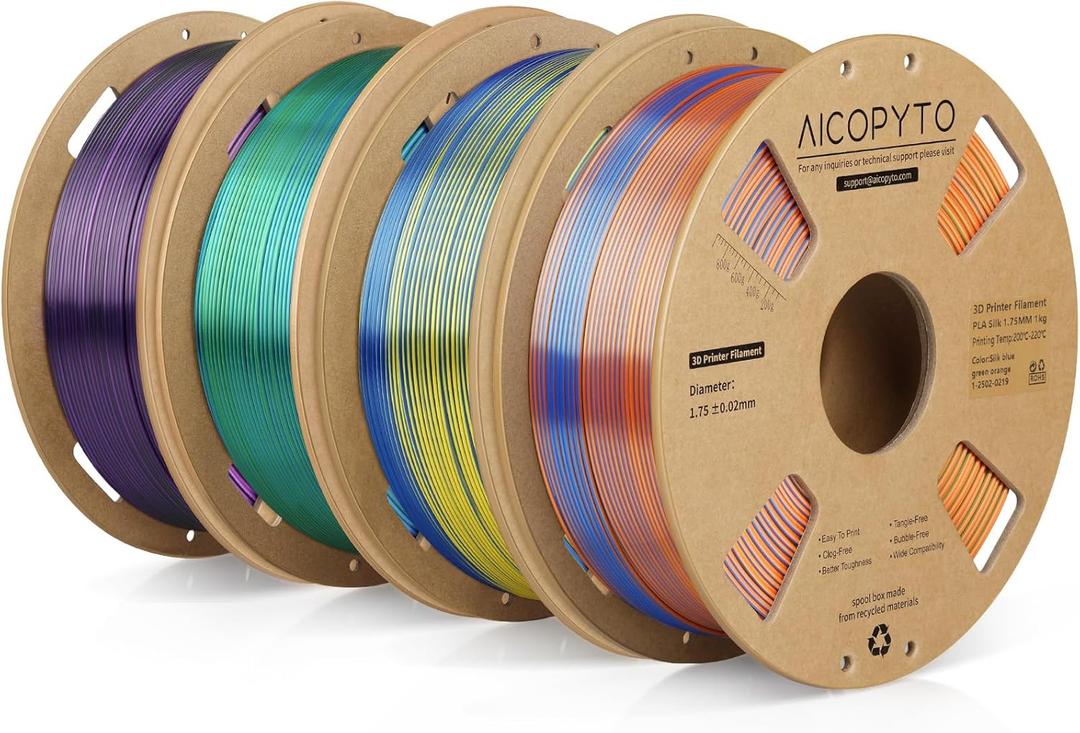Tri-Colors Silk PLA 3D Printer Filament, Rainbow PLA Filament 1.75mm, Dimensional Accuracy +/- 0.02 mm, Coextrusion 3D Filament, 1KG X 4 Spools