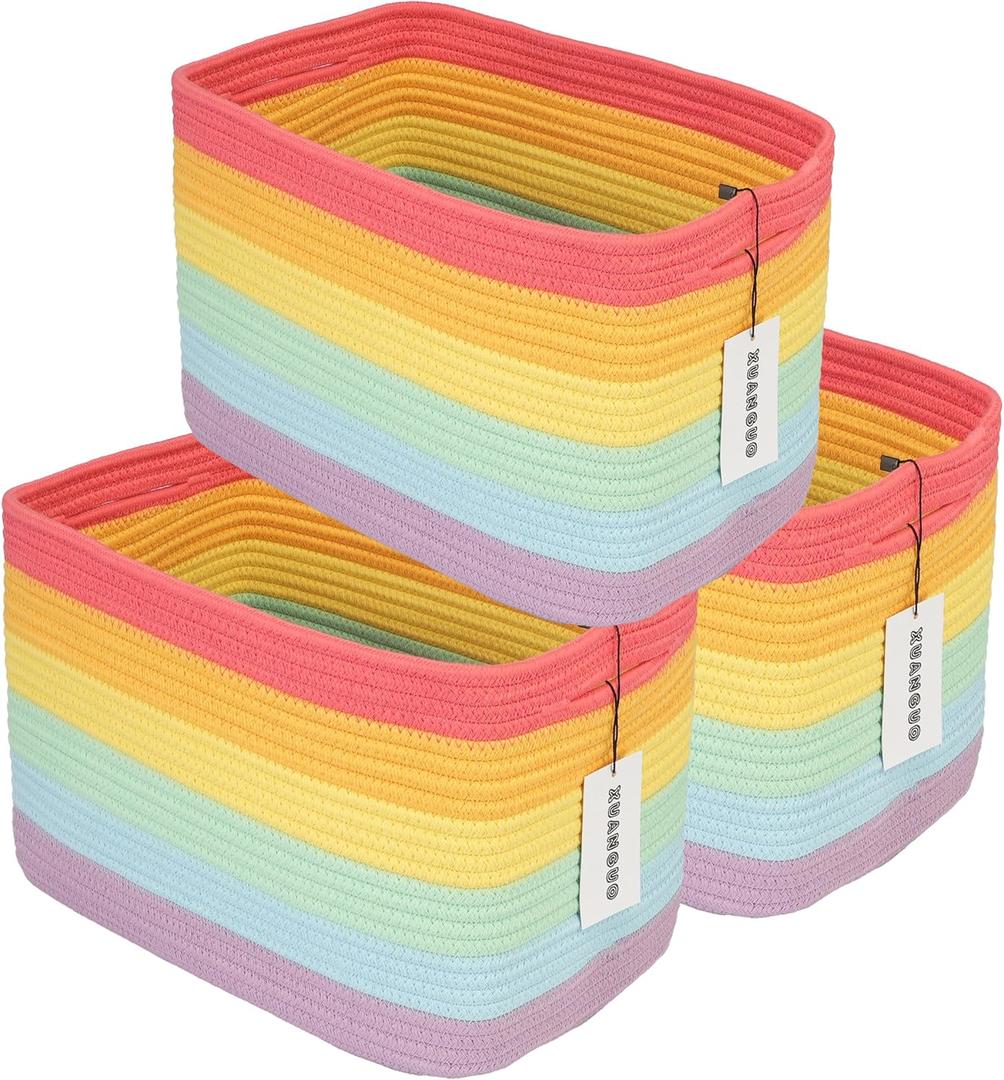 XUANGUO 3-Pack Rainbow Storage Baskets 15X10X9.3 Woven Toy Organizer Bins for Kids, Baby Room, Nursery, and Classroom Cute Square Rope Baskets for Shelves and Organization Rainbow