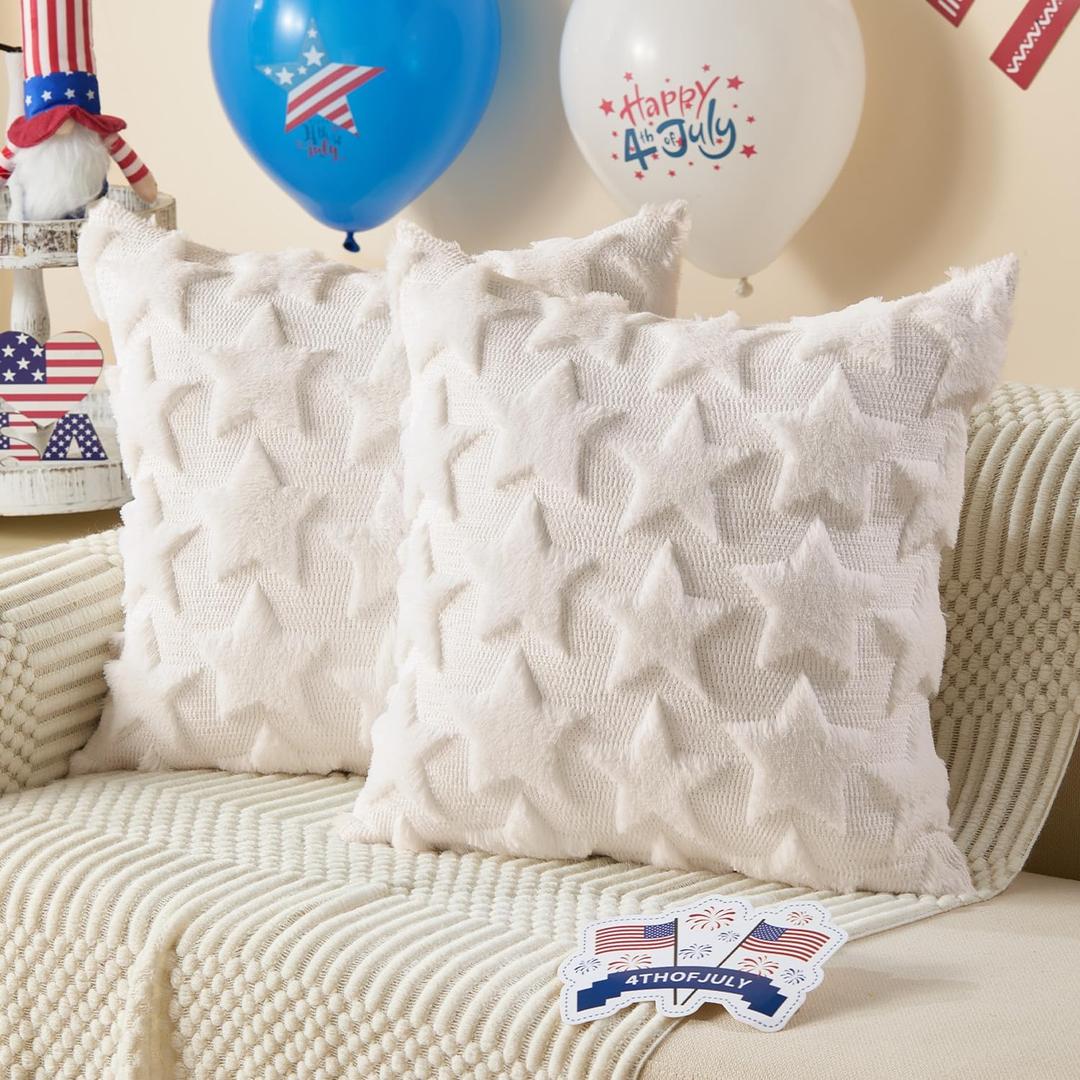 DFXSZ 4th of July Pillow Covers 18x18 inch Set of 2 4th of July Decor White Stars Decoration Soft Plush Faux Fur Jacquard Throw Pillows Independence Day Decorations for Bedroom Sofa Holiday PTK025C18