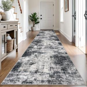 IOHOUZE Abstract Runner Rug 3x14 Ft Washable Runners for Hallways, Non Slip Kitchen Runner Printed Faux Wool Entryway Runner Indoor, Modern Abstract Floor Carpet for Hall Stair, Black Grey
