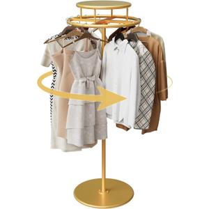 360 Rotating Round Clothing Rack with Top Shelf  Gold Round Garment Rack & Retail Clothing Display Stand for Boutiques, Shops, Bedrooms, Laundry Rooms  Sturdy Metal Retail Clothes Rack