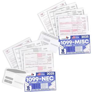 2025 1099-NEC and 1099 Misc 4-Part Tax Forms Combo Kit, for All Non-Employee Compensation Filing, Self Seal Envelopes Included, QuickBooks and Other Software Compatible