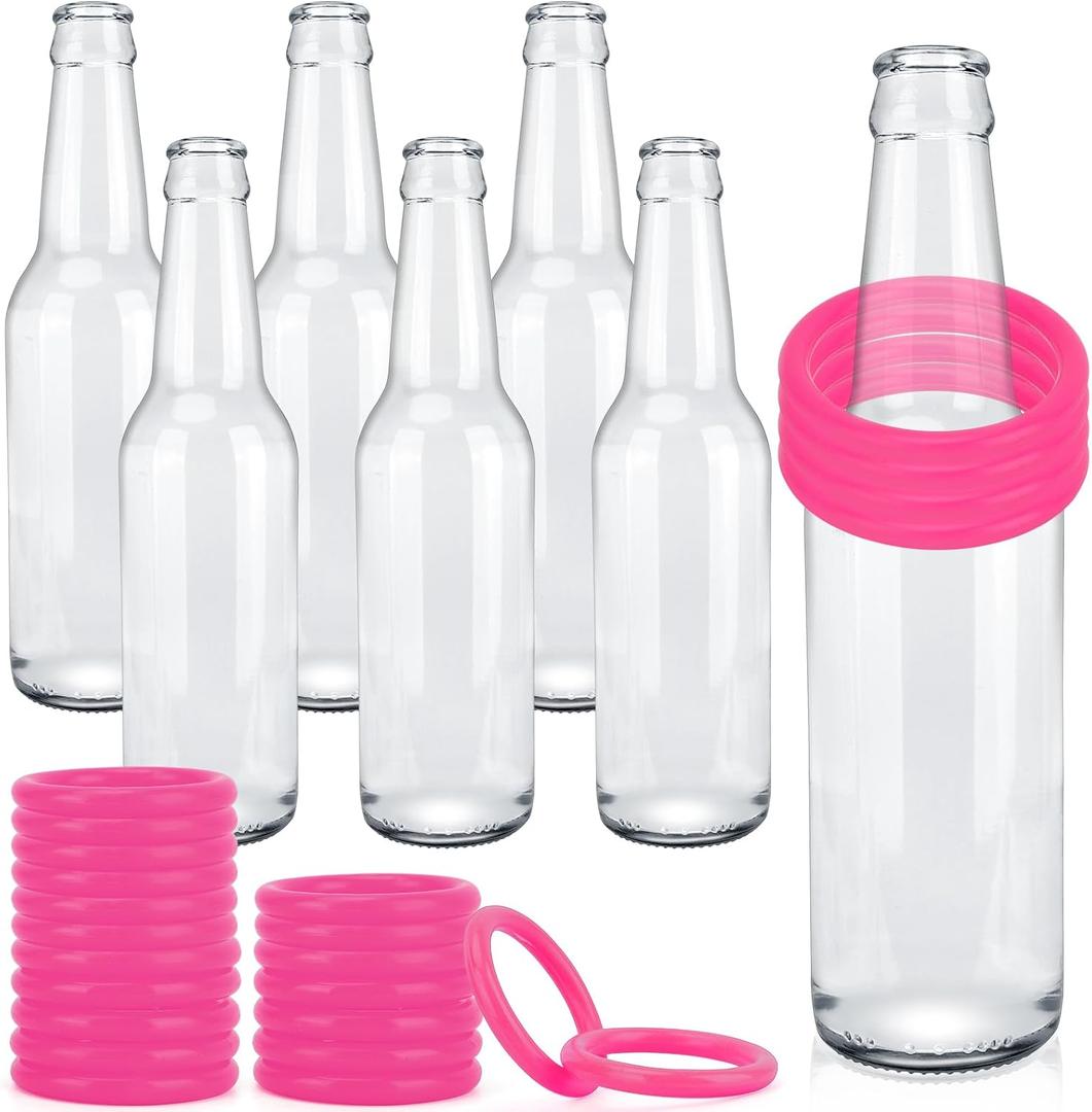 30 Pcs Ring Toss Game Carnival Game Set Include 24 Plastic Throw Rings and 6 Glass Bottles for All Occasions and Events, Summer Backyard Fun, Beach, Carnival Party Favor (1.57", Pink)