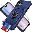 for iPhone 17 Wallet Case with Card Holder + 1 Screen Protector, (2 Cards) & 360Ring Kickstand Military Grade Drop Shockproof Rugged Case for iPhone 17 6.3" 2025(Blue)