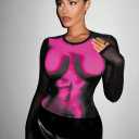 Floerns Women's Plus Size Mesh Long Sleeve Graphic Print Club Tee Shirts Hot Pink, 1XL