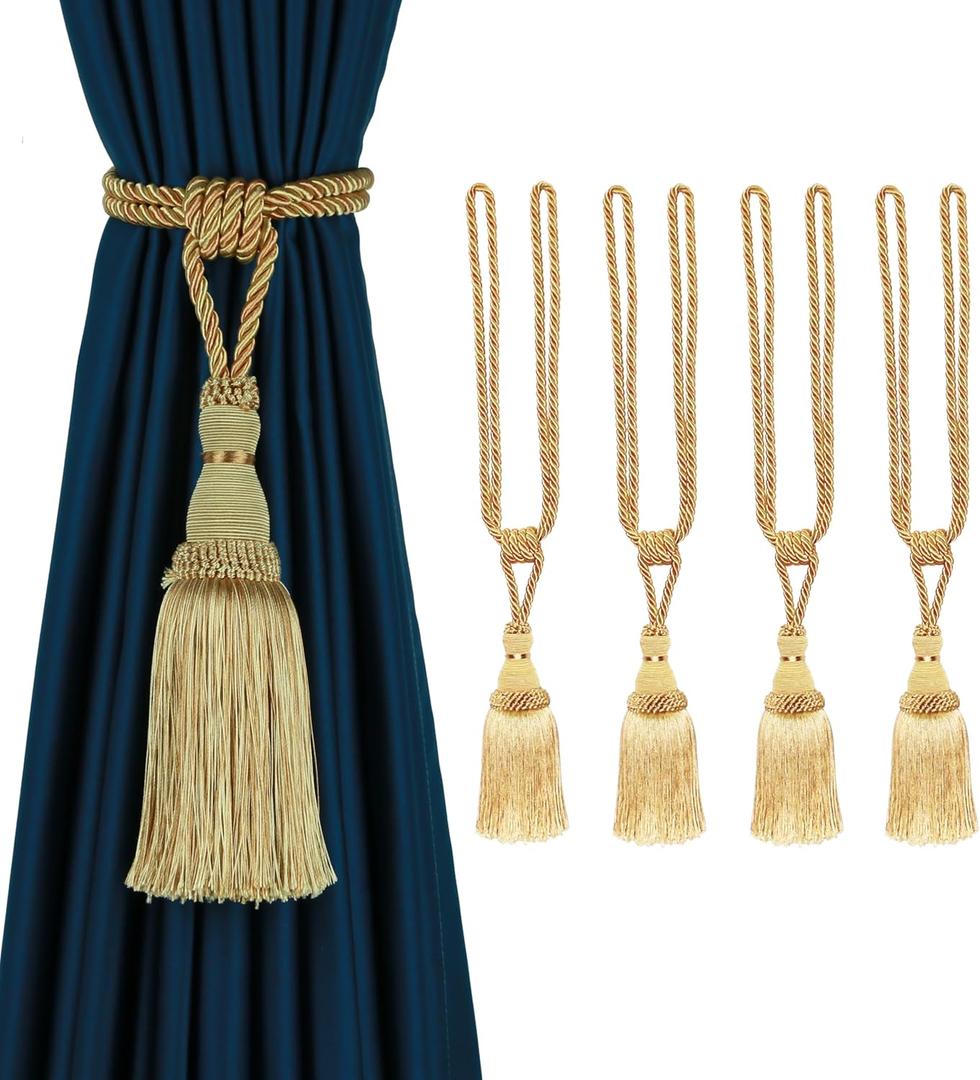 BEL AVENIR 4 Pack Curtain Tiebacks Tassel Drapery Tie-Backs Rope Handmade Holdbacks Home Office Hotel Decorative (Gold)