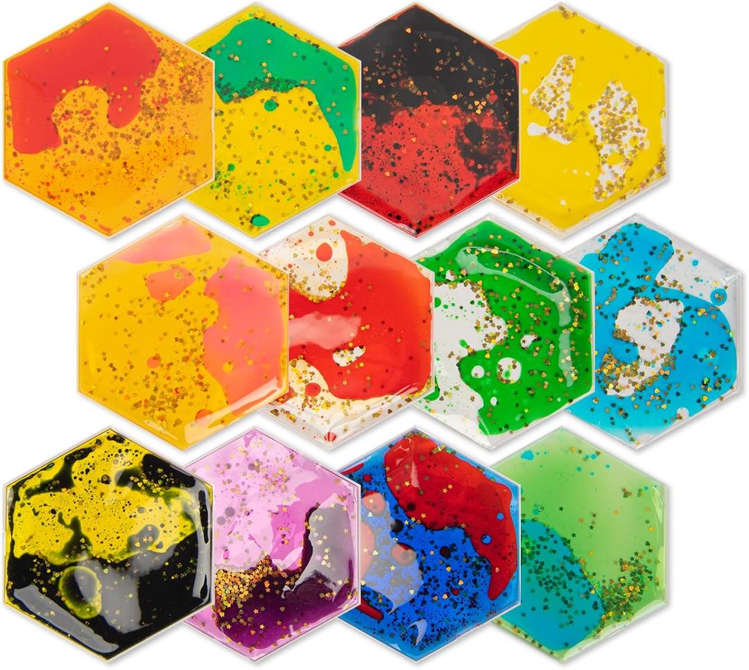 Art3d Hexagon Sensory Fidget Liquid Motion Tiles for Kids, Toddler, Teens - Interactive Soft Gel Liquid Play Mats for Home, Schools, Playrooms, Multi-Pack of 12 Tiles, 3 5.1"