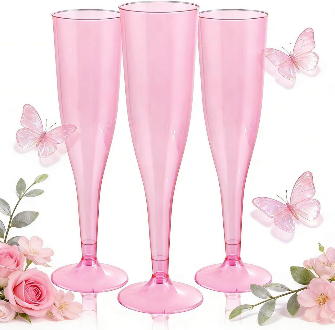 WDF 36 Pack Clear Pink Plastic Champagne Flutes - 7OZ Pink Champagne Flutes Plastic, Champagne Glasses Disposable for Mother's Day/Party/Baby Shower/Wedding/Spring