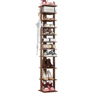 HOMEFORT 10-Tier Vertical Shoe Rack, Corner Shoe Tower, Slim Shoe Organizer with Two Hanging Hooks, Wooden Shoe Storage Stand for Entryway, Hallway, Closet, Rustic Brown (11.02"D x 11.02"W x 62.2"H)