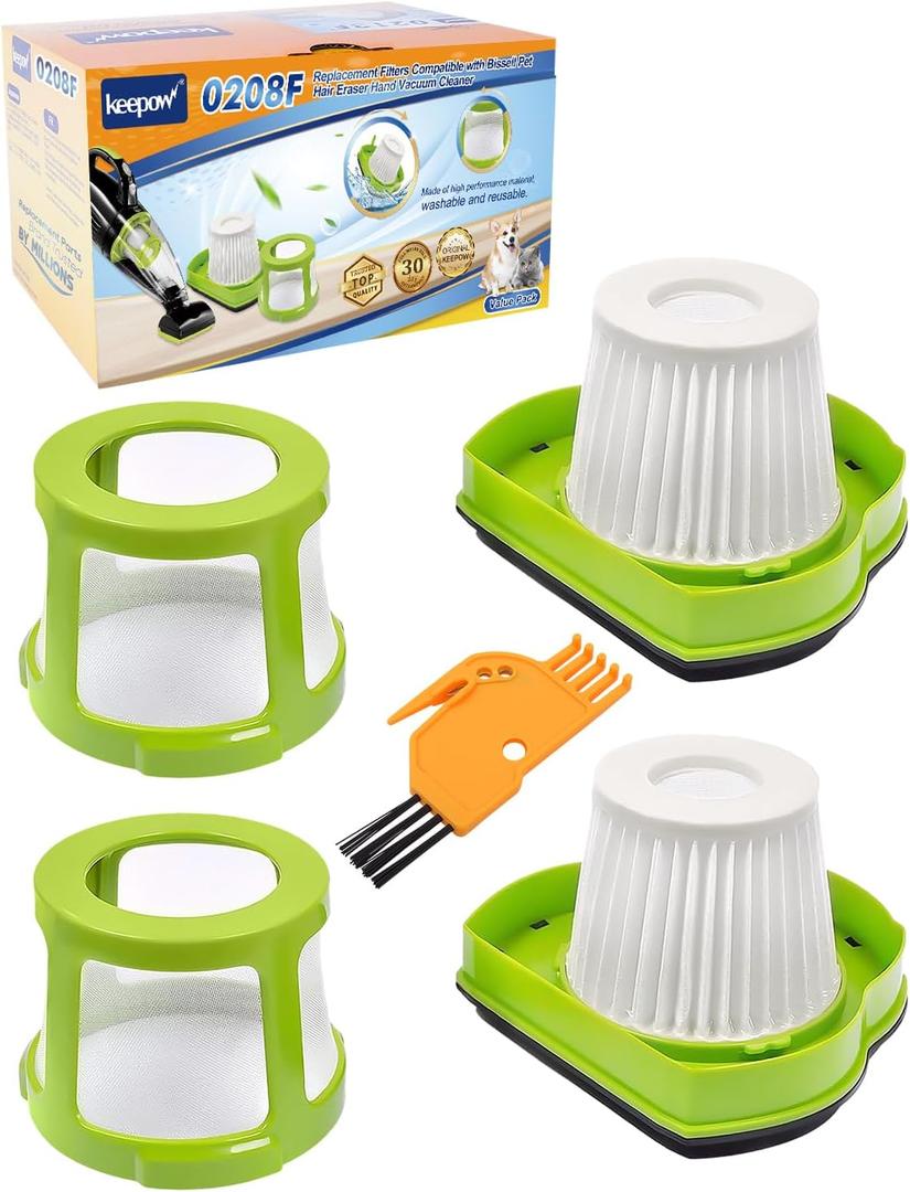 KEEPOW Pet Hair Eraser Vacuum Filter Replacement Fit for Bissell 1782 Pet Hair Eraser Cordless Hand and Car Vacuum, Replace Part# 1608653/1608654, 2 Pack