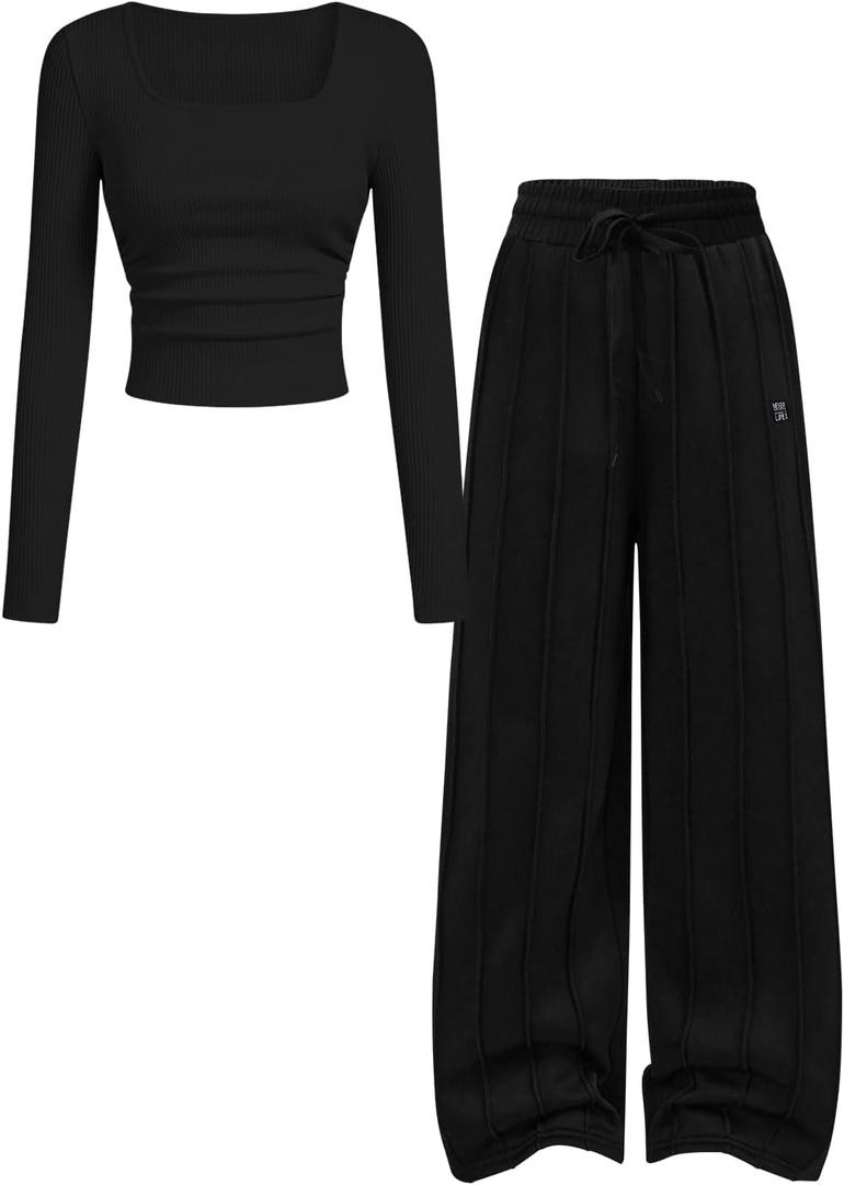 Kxuryueo Teen Girls Clothing Set Ruched Knit Top & High Waist Wide Leg Pants Outfits Size 13 14