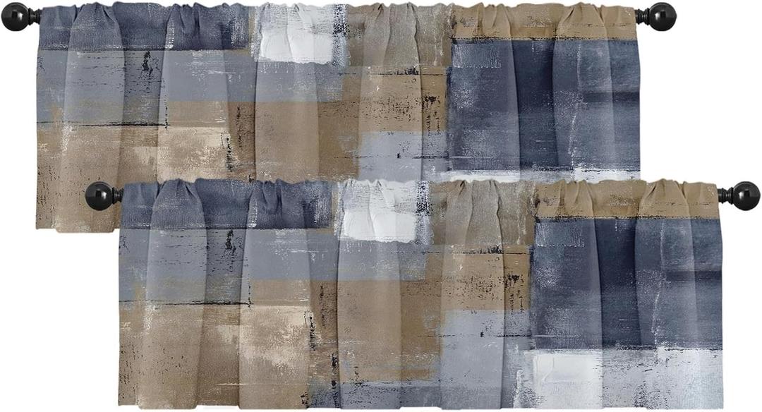 Emvency 2 Pack Valances Window Treatments, Grey and Brown Painting Art Modern Abstract Blackout Adjustable for Living Room Bathroom Bedroom Kitchen Over Sink, 52x18 Inch Rod Pocket Valances