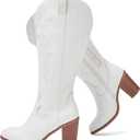 Luoika Women's Extra Wide Calf Cowboy Knee High Boots，Wide Width Cowgirl Boots Chunky Pump Heel Plus Size Western Tall Boots. White 230701 9.5XW
