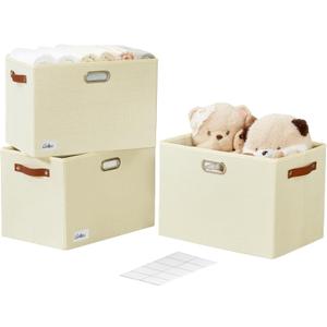 3-Pack Foldable Fabric Storage Bins with Durable PU & Metal Handles , Collapsible Storage Baskets for Shelves, Home Storage, Closet Organizers, Living Room(17"x11.8"x11.8", Beige) (Extra Large)